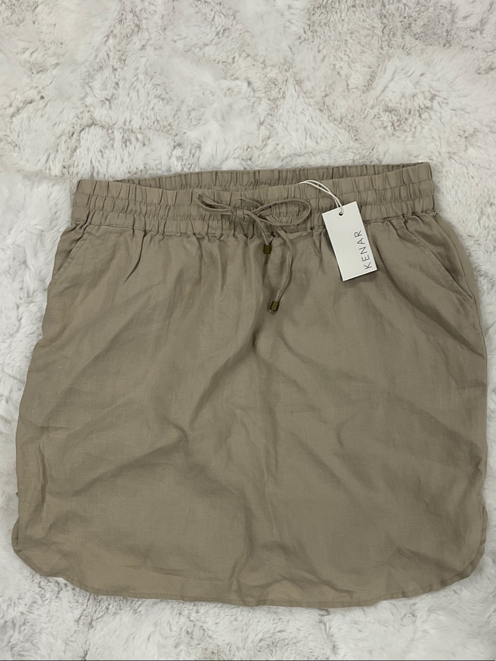 Kenar Beige Drawstring Linen  Mini Skirt